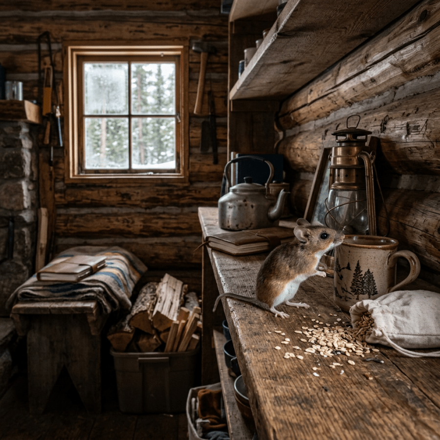 Mouse on wooden table in rustic cabin with oats, mug, and lantern