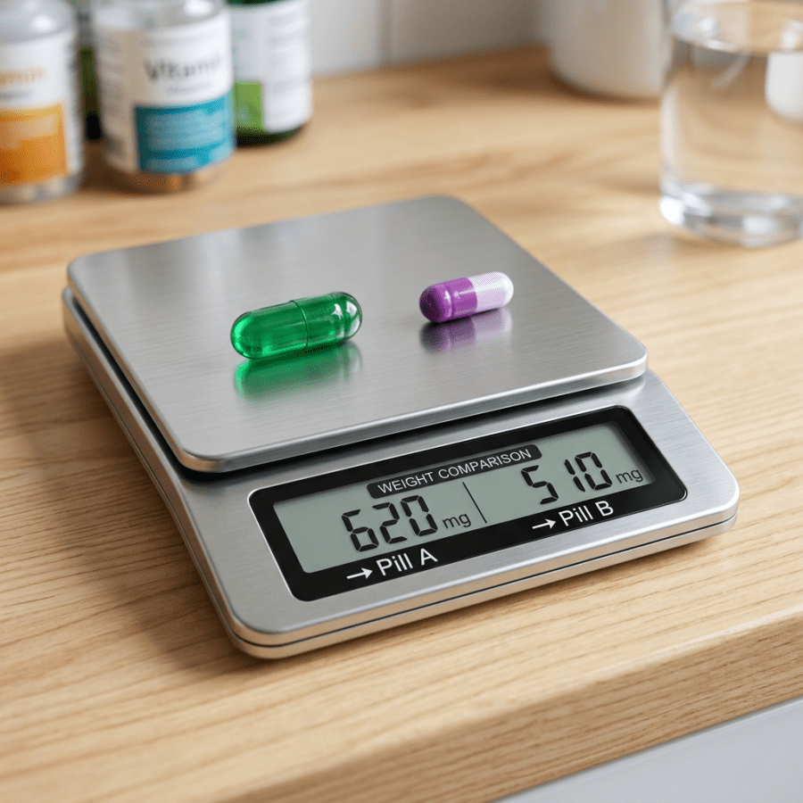 Digital scale showing weight comparison of green and purple capsules in milligrams