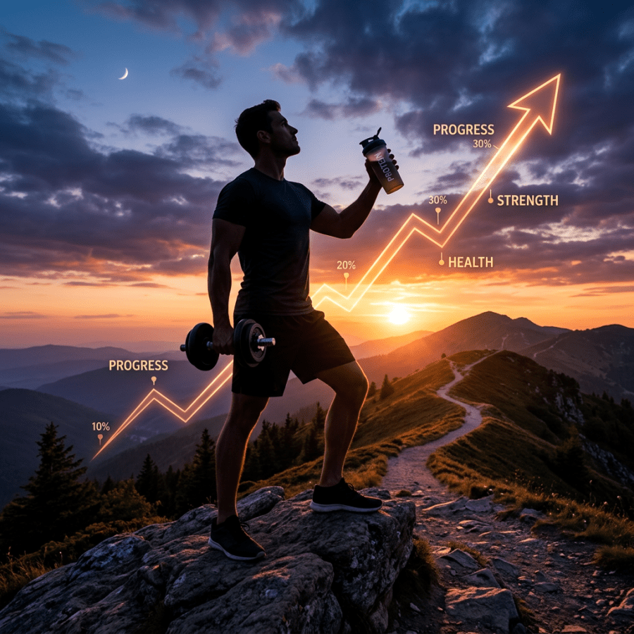 Man holding dumbbell and protein shake on mountain with rising fitness progress chart