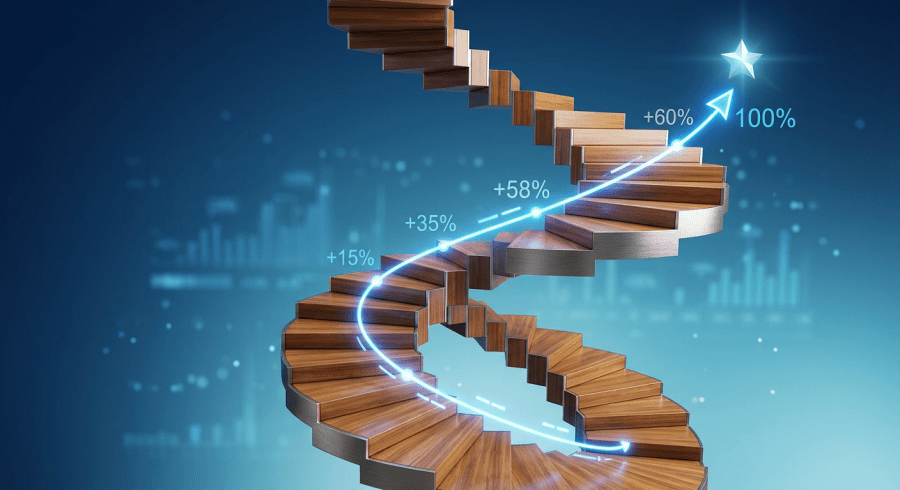 Spiral staircase with glowing blue arrow indicating growth percentages of +15%, +35%, +58%, +60%, culminating at 100%.
