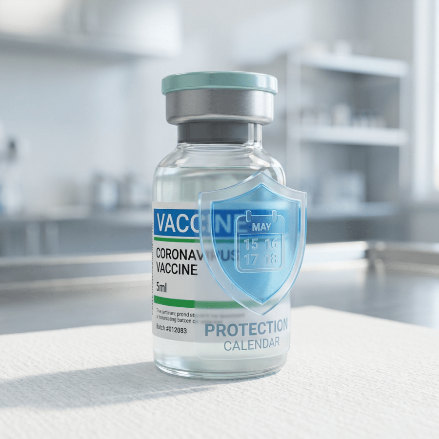 Coronavirus vaccine vial with protection calendar shield icon