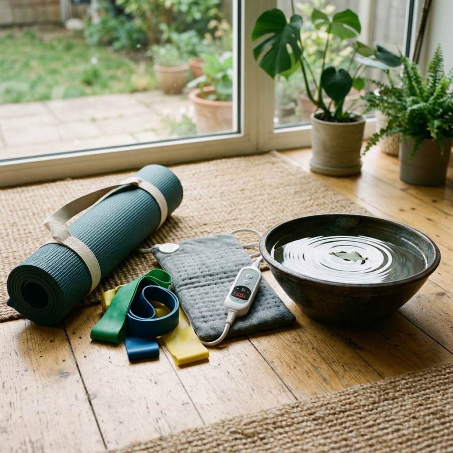 Yoga mat with resistance bands, heating pad, and bowl of water in bright room