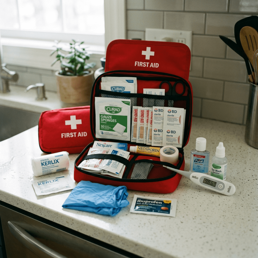 Open first aid kit with supplies on counter