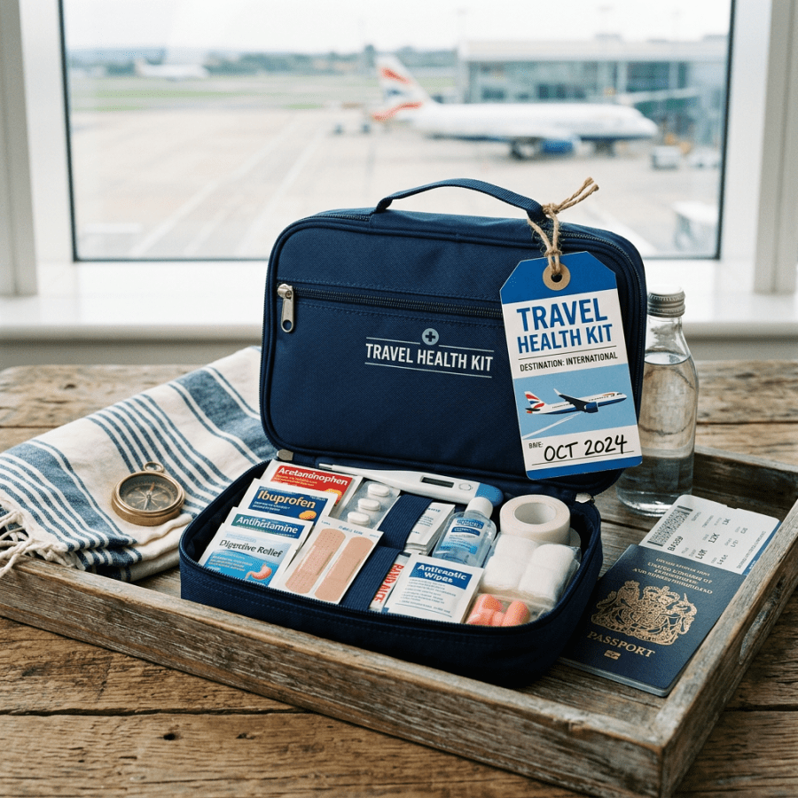 Travel health kit with airplane tag still life