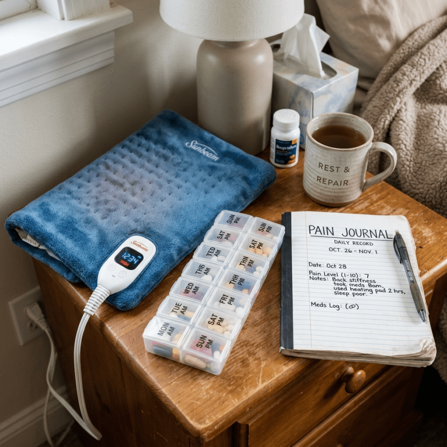 Heating pad, pill organizer, pain journal still life