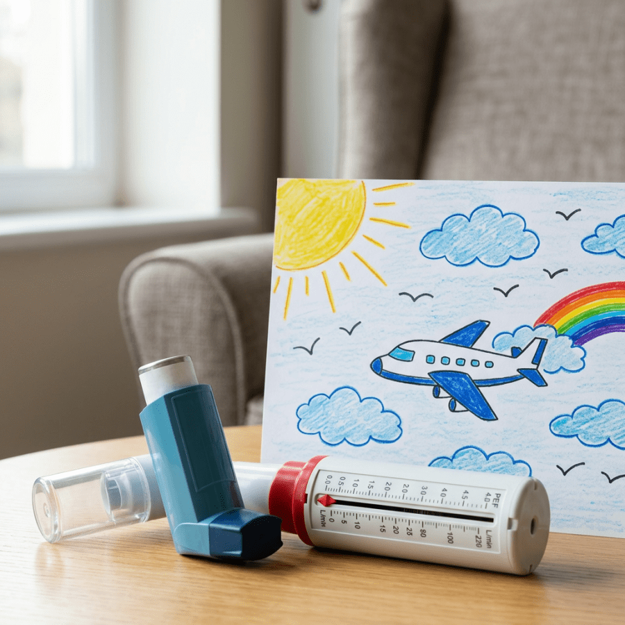 Inhaler, peak flow meter, child's sky drawing still life