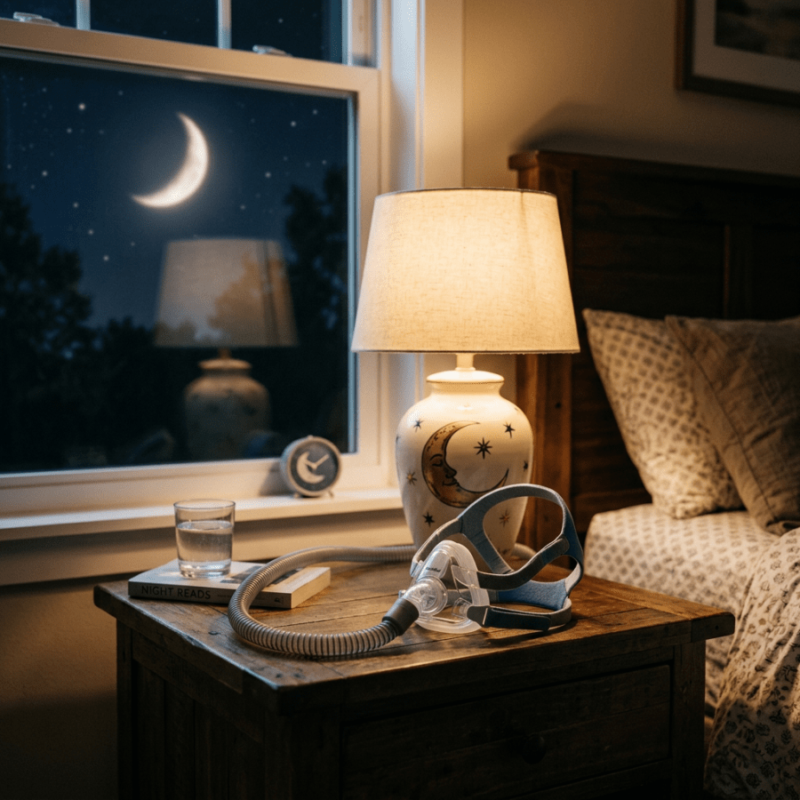 Nightstand with lamp, CPAP mask, glass of water, and book beside bed