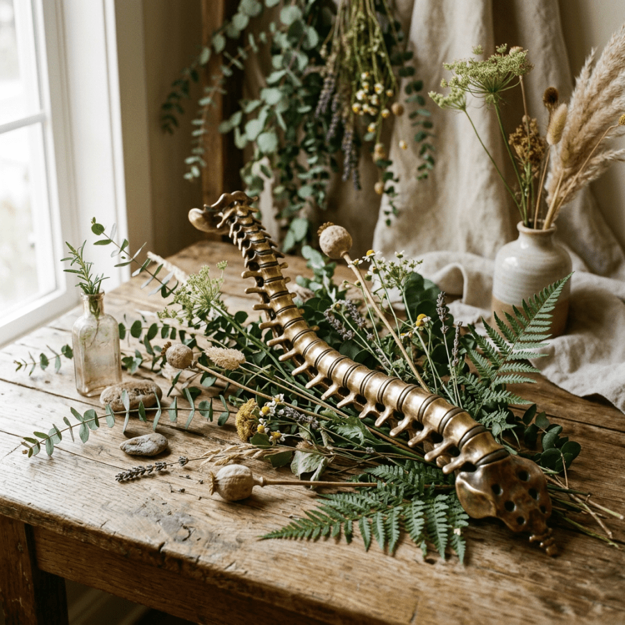 Flowing spine lines with botanical elements still life