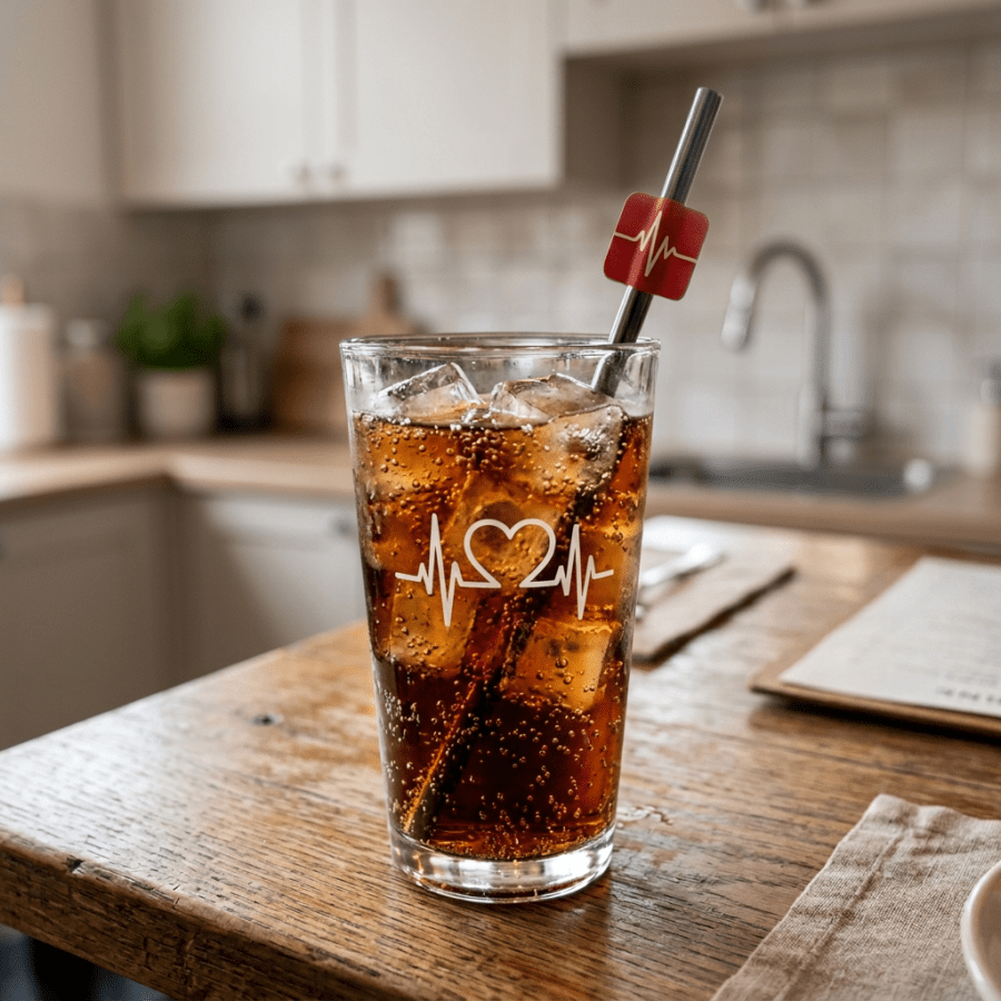 Glass of ice-filled soda with heartbeat and heart graphics on table