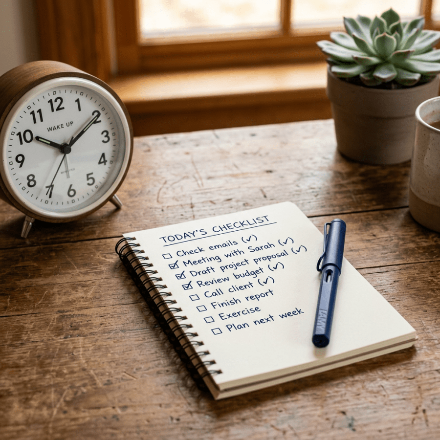 Checklist, notepad, pen, and clock on table