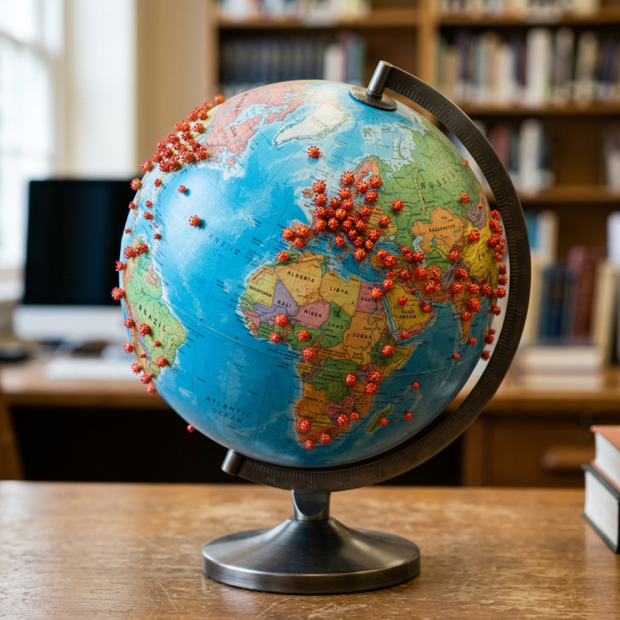 Globe with small virus icons scattered