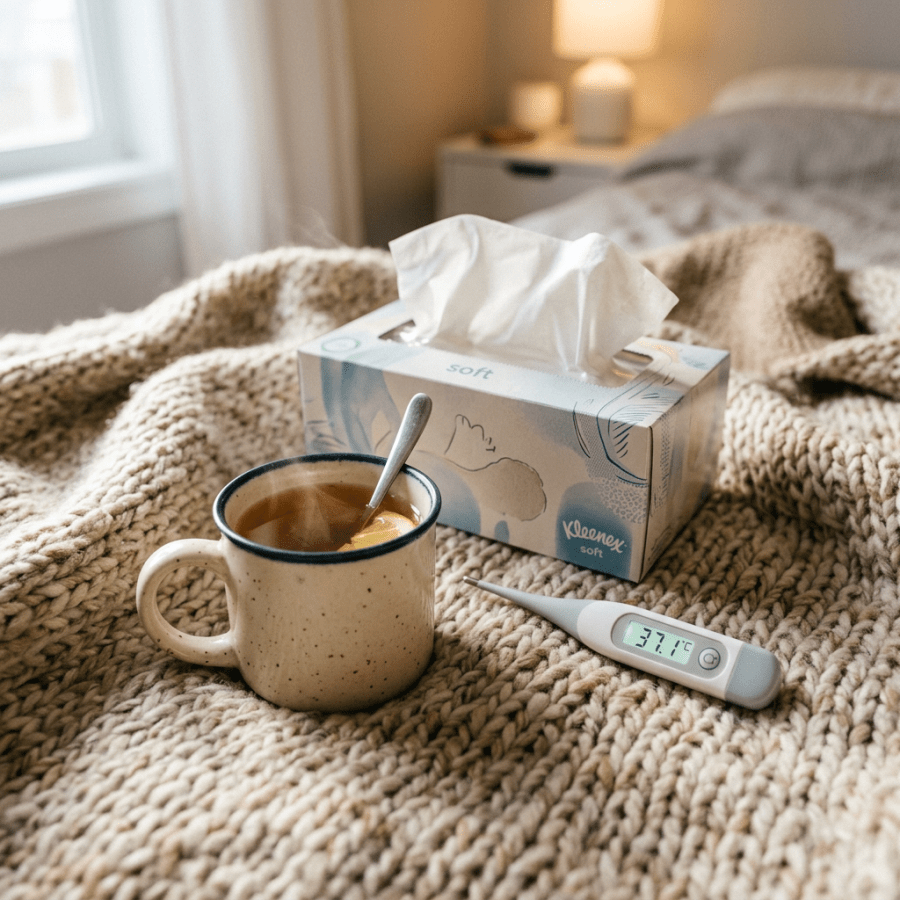 Tissues, tea mug, thermometer on cozy blanket