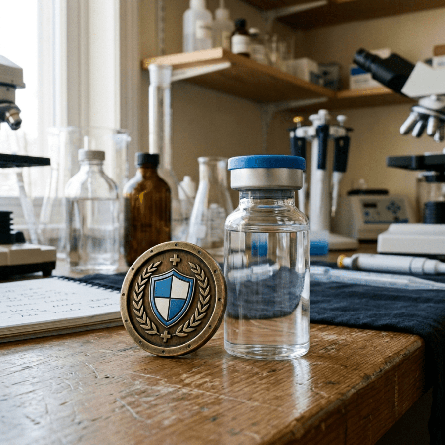 COVID-19 vaccine vial labeled sterile suspension next to a shield emblem on a wooden table in a lab