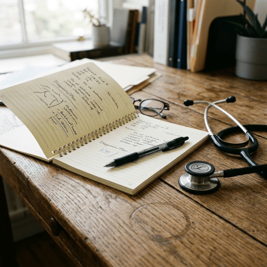 Open notebook, pen, stethoscope on wooden desk