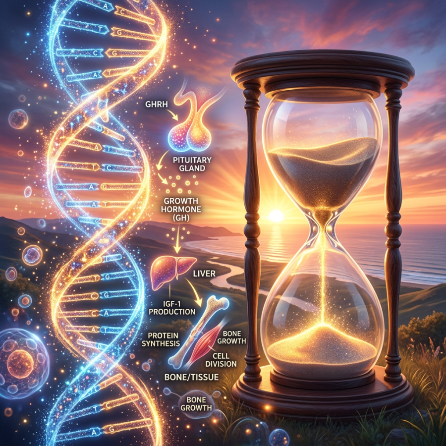 DNA strand with labeled growth hormone pathway steps next to an hourglass at sunset