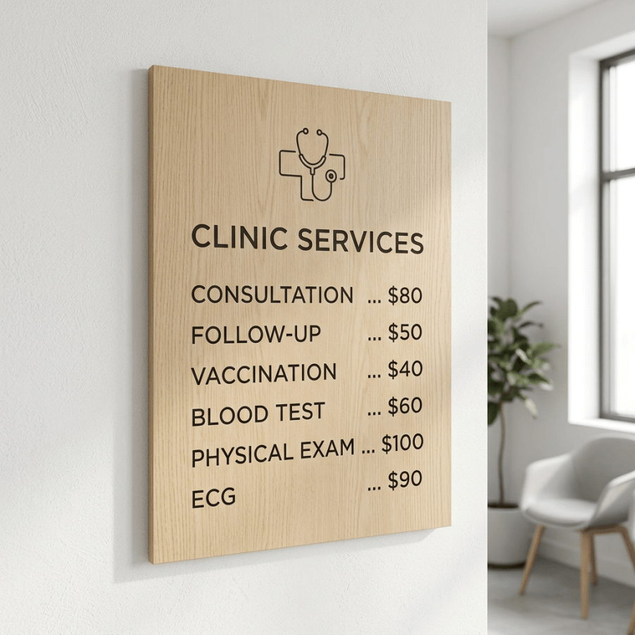 Wooden sign displaying clinic services and their prices