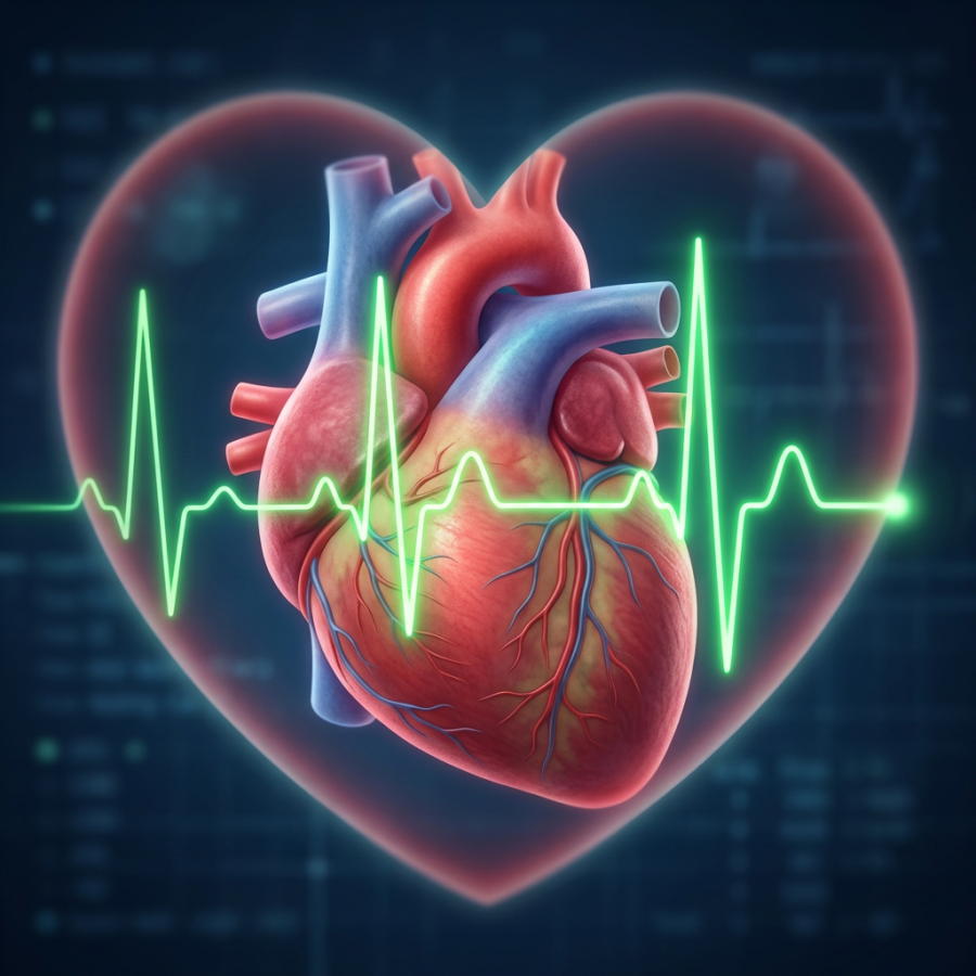 3D illustration of a human heart with arteries and veins alongside a green electrocardiogram heartbeat waveform