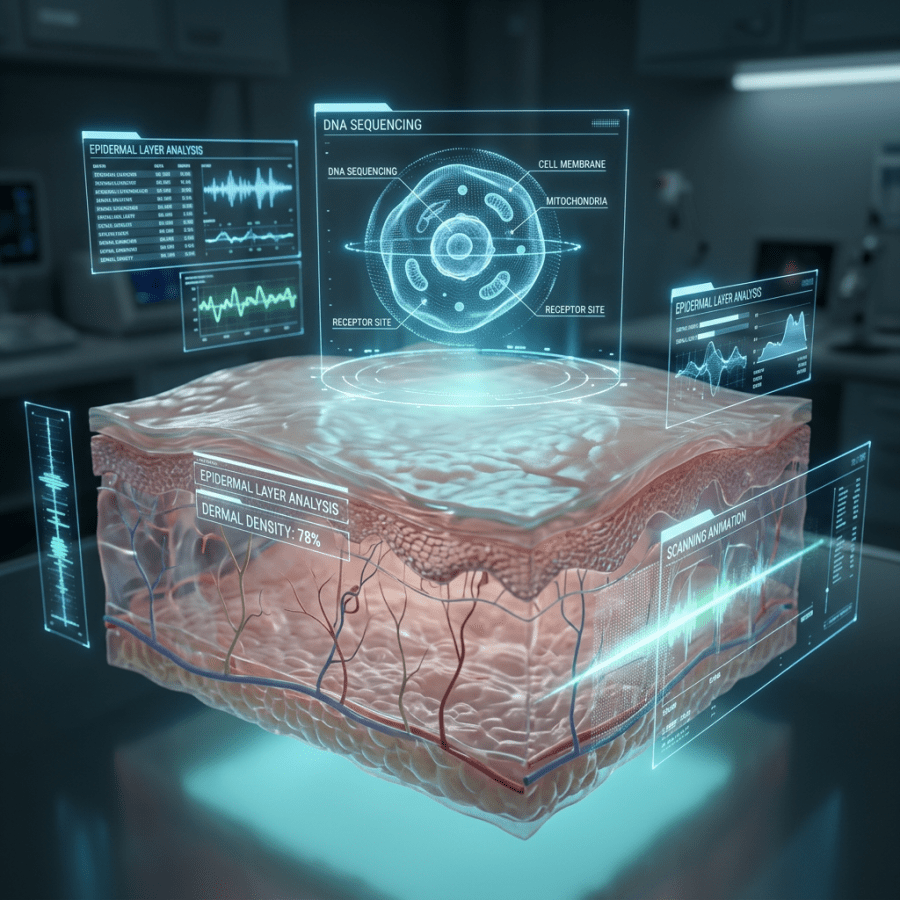 3D visualization of skin layers with holographic interfaces showing DNA sequencing and epidermal layer analysis data