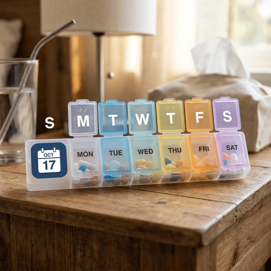 A weekly pill organizer with labeled compartments for each day filled with various pills.