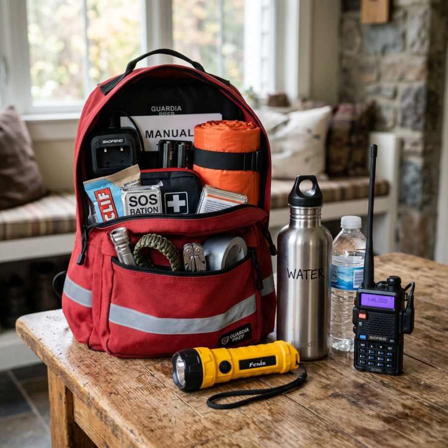 Red emergency backpack containing manual, food bars, first aid kit, rope, multitool, flashlight, water bottles, and radio