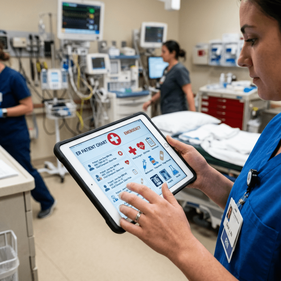 Nurse holding tablet displaying electronic ER patient chart with medical icons