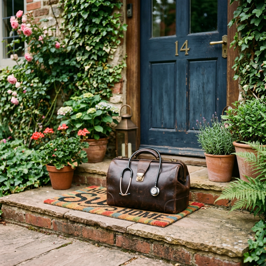 Leather doctor bag with stethoscope on welcome mat in front of blue door