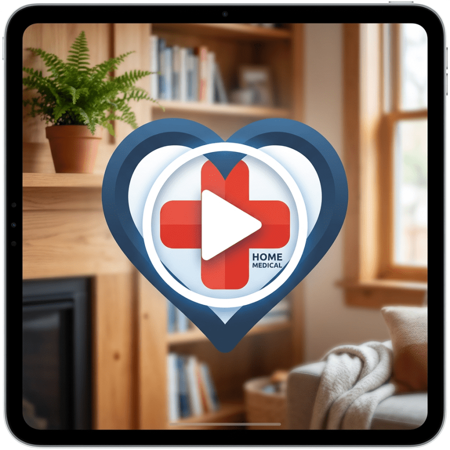 Tablet showing a heart-shaped home medical service logo with a red cross and play button.