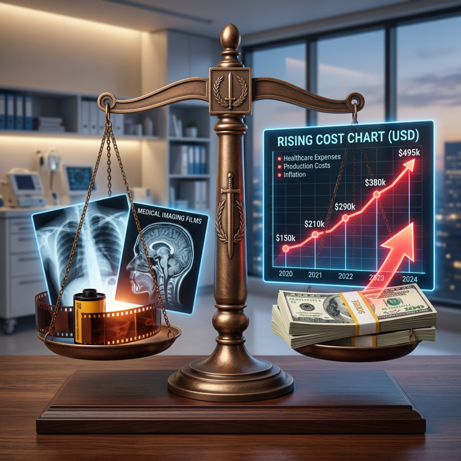 Scales weighing medical imaging films against money with a rising healthcare cost chart in the background