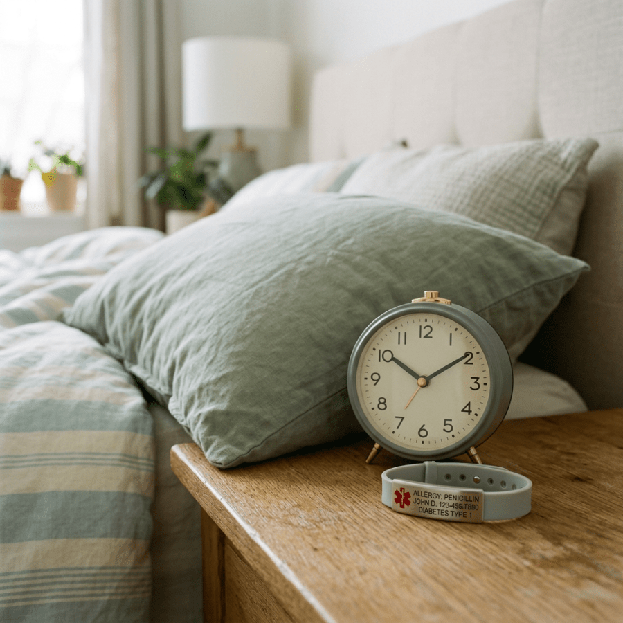 Medical alert bracelet with allergy and diabetes information next to round alarm clock on bedside table