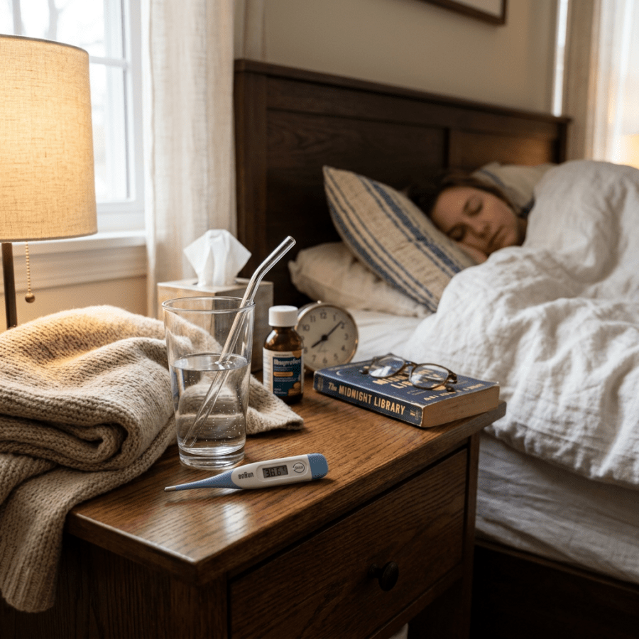 Nightstand with thermometer, glass of water, cough syrup, tissues, sweater, and book beside a woman sleeping in bed