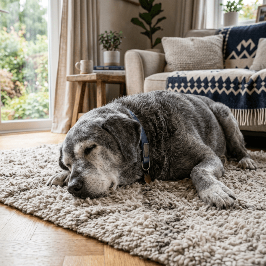 Grey dog sleeping on a plush rug in a living room near a patterned sofa and wooden side table