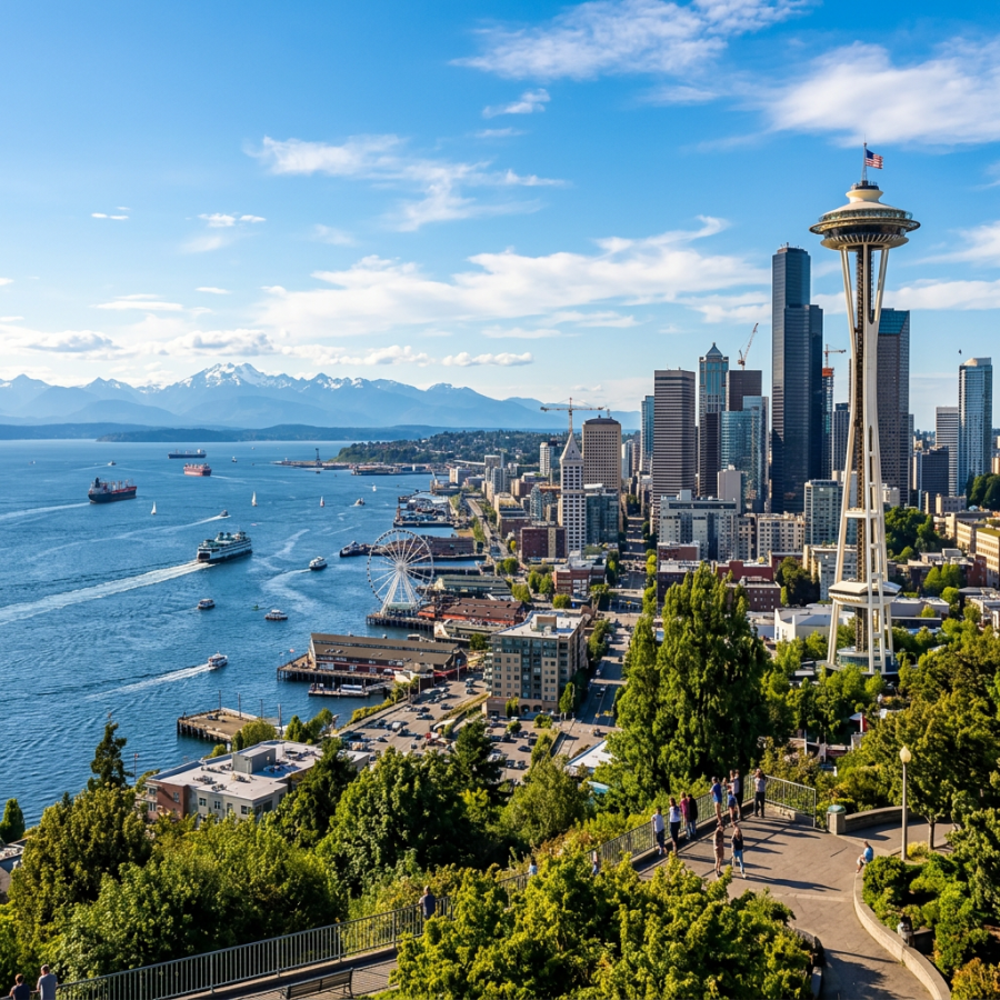 Seattle skyline with Space Needle, waterfront, boats, and mountains under clear sky