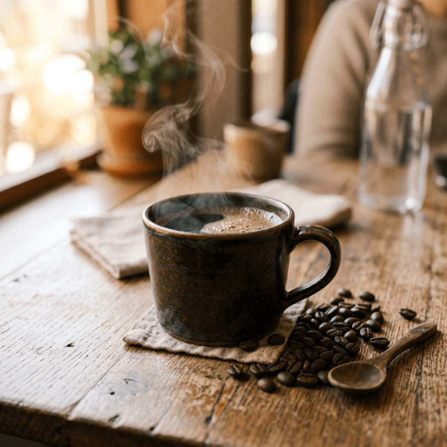 Steaming cup of coffee in a dark ceramic mug on a wooden table next to coffee beans and wooden spoon