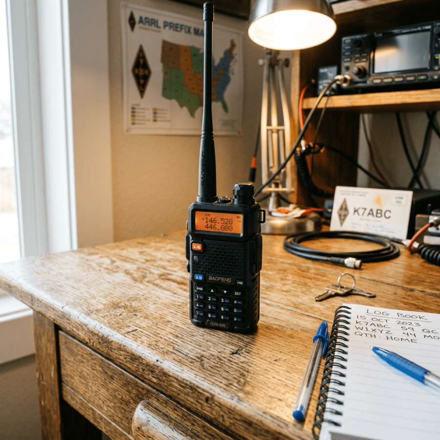 Handheld Baofeng radio on desk with amateur radio equipment and logbook