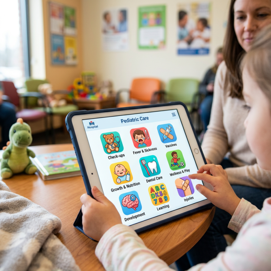 Tablet screen showing pediatric care app with icons for check-ups, fever, vaccines, nutrition, dental care, play, development, learning, and injuries