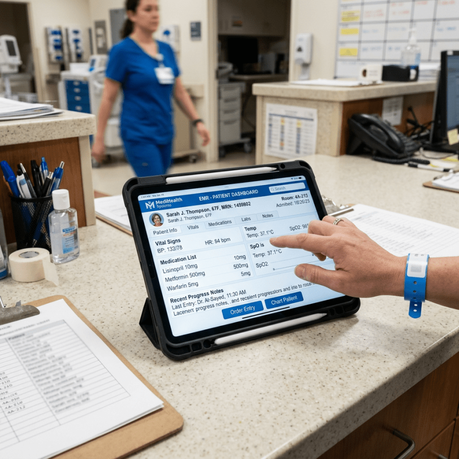 Tablet displaying electronic medical record dashboard with patient vitals and medication list