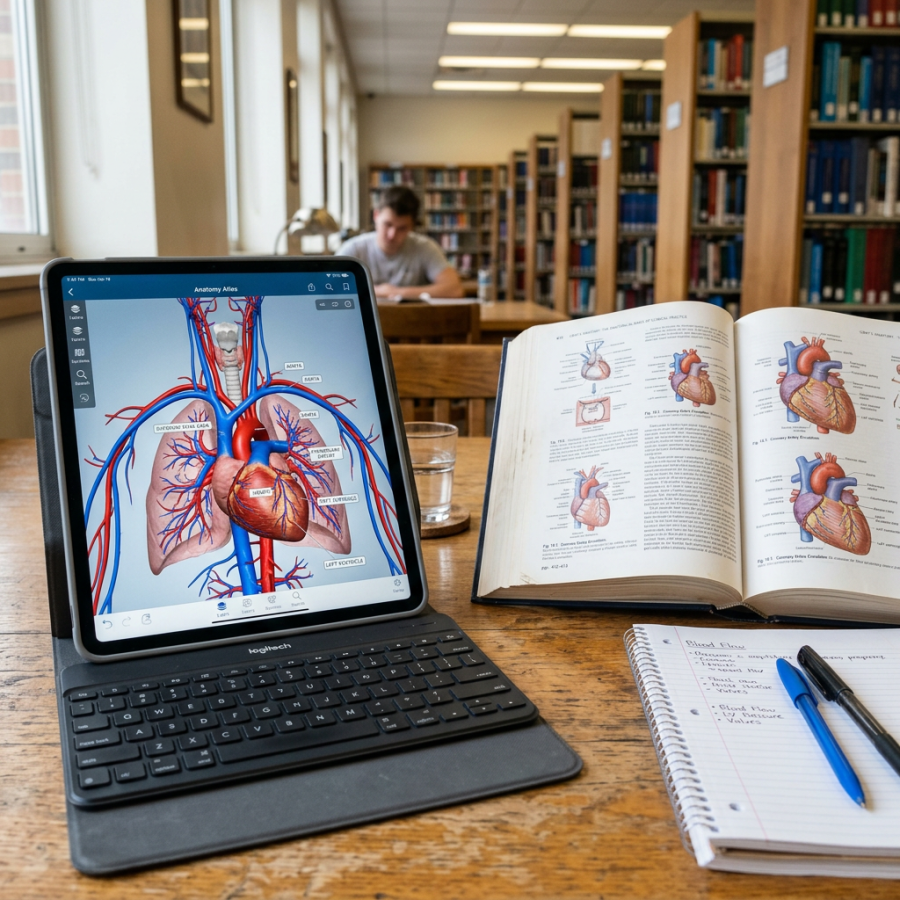 Tablet showing detailed heart anatomy app next to open medical textbook and handwritten notes