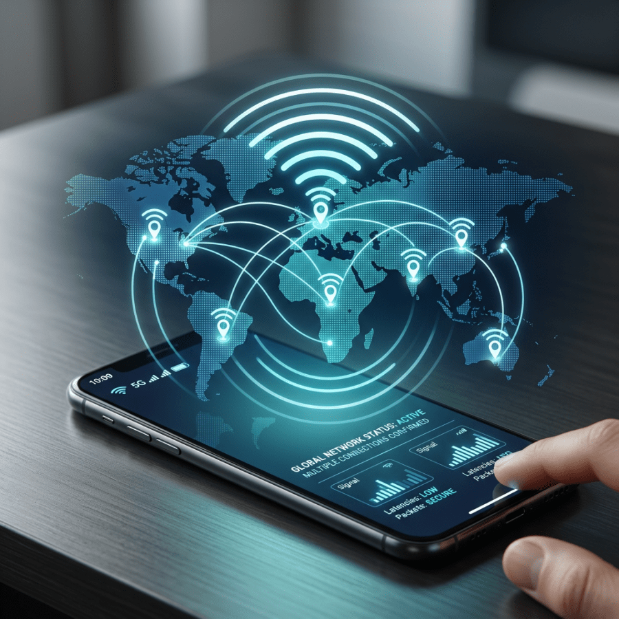 Smartphone with holographic world map and global network connection icons