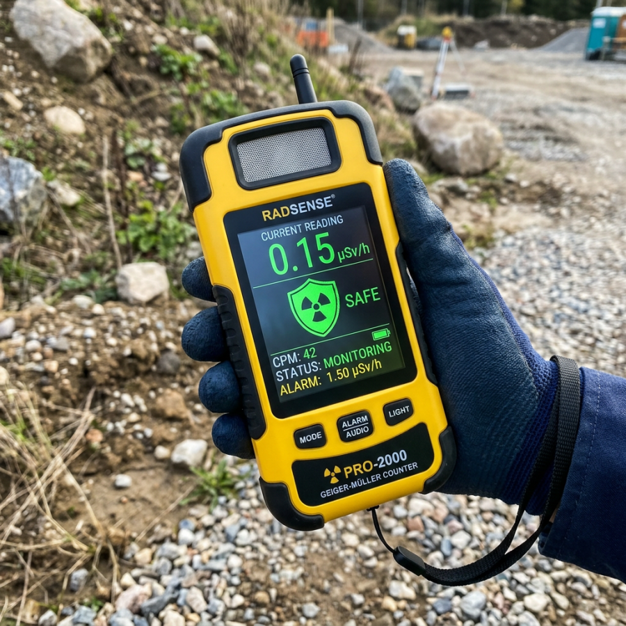Hand holding a RADSENSE PRO-2000 radiation detector showing 0.15 µSv/h safe level