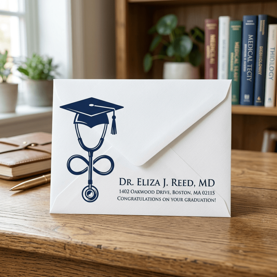 Envelope with stethoscope and graduation cap graphic and text congratulating Dr. Eliza J. Reed on her graduation