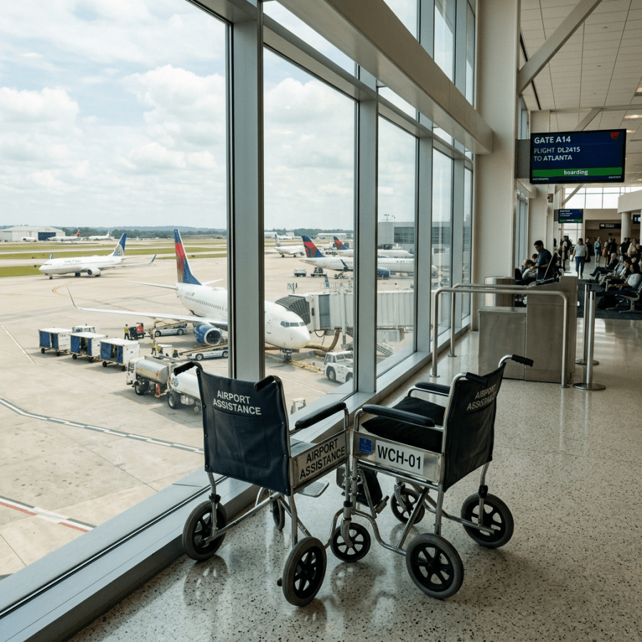 Two airport assistance wheelchairs next to large window showing planes and tarmac