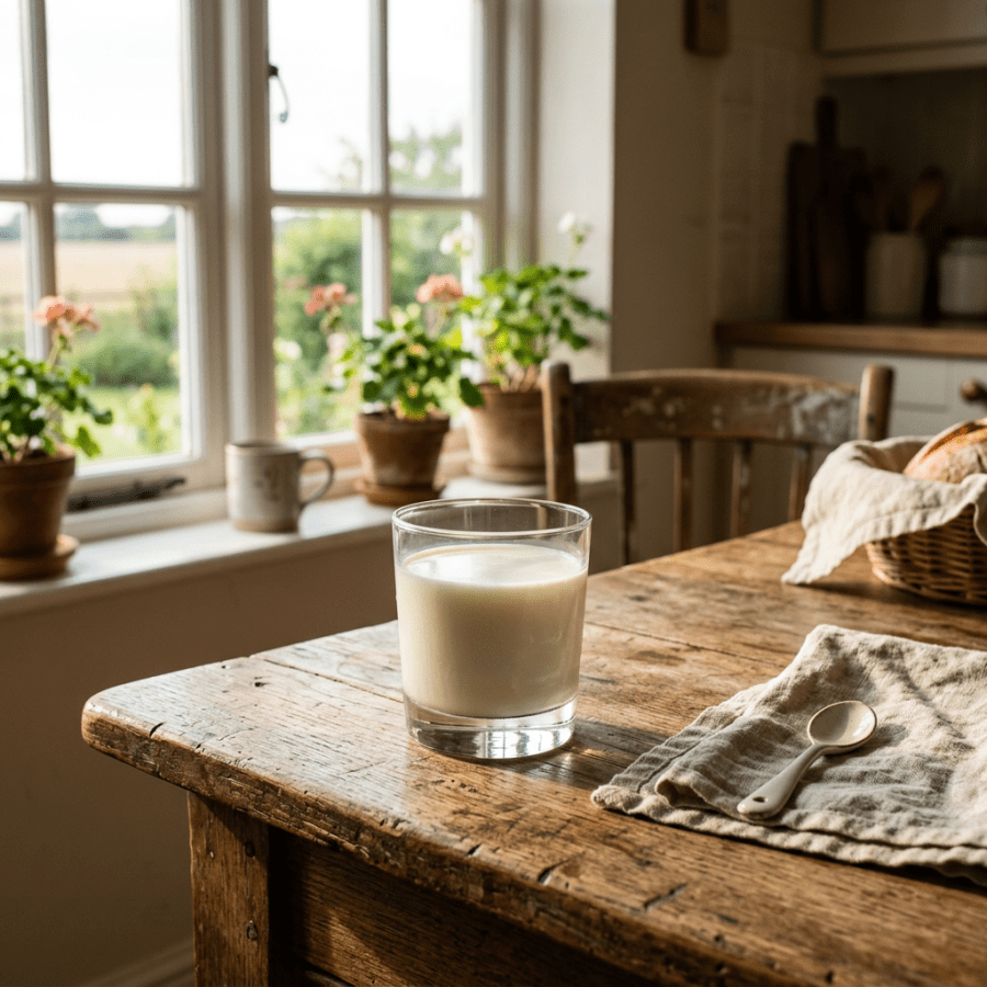 Glass of milk on rustic wooden table with plants and bread basket in background