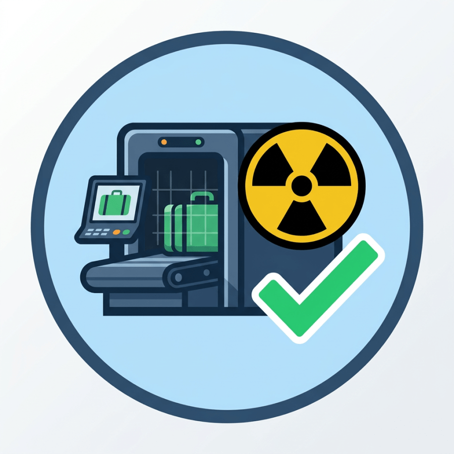 Flat vector airport scanner icon with radiation symbol and checkmark