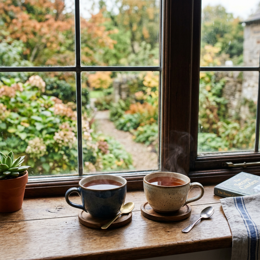 Two steaming cups of tea on wooden coasters on a windowsill with a garden view