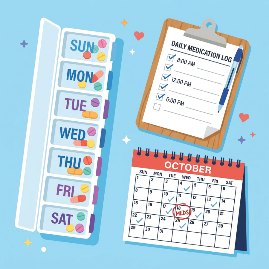Weekly pill organizer, daily medication log with times checked, calendar with medication reminders