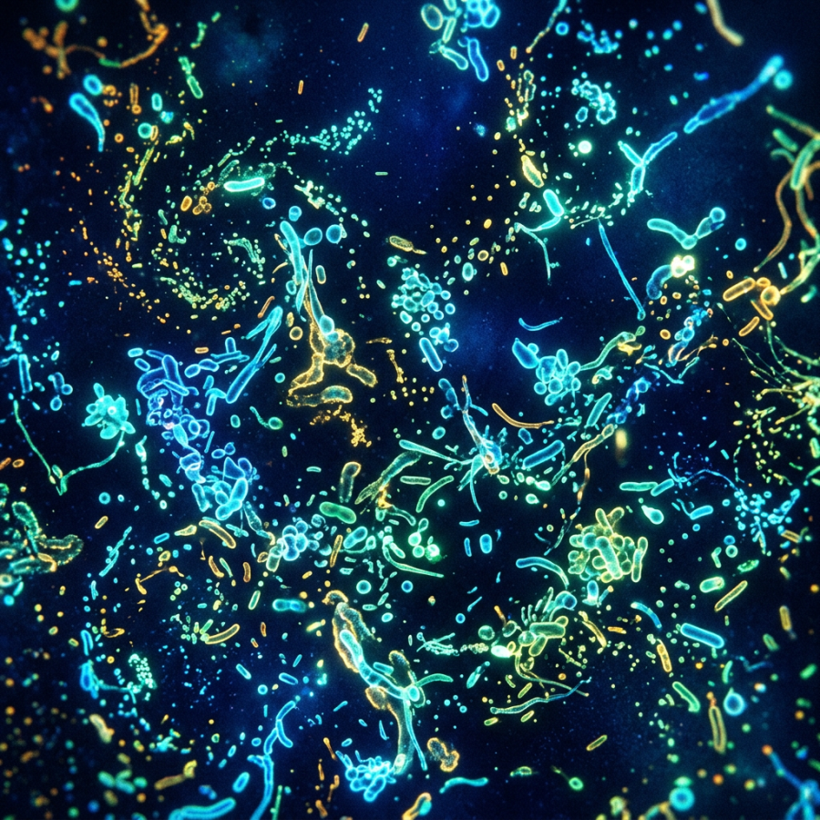 Microscopic glowing microbes of various shapes and colors against a dark background