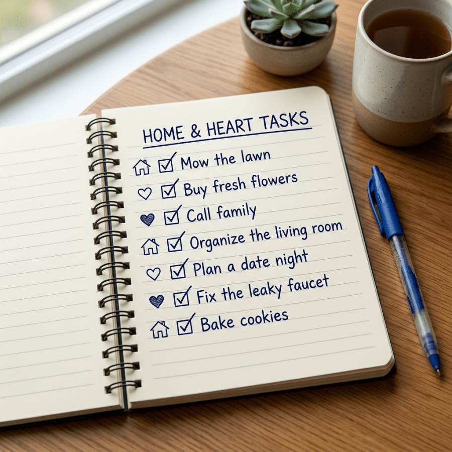 Notebook page titled Home & Heart Tasks with seven checked tasks including mowing the lawn and calling family