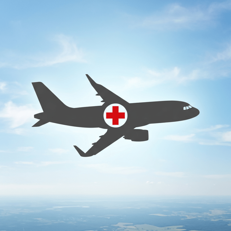 Silhouette of an airplane with a red cross symbol on its body flying in the sky