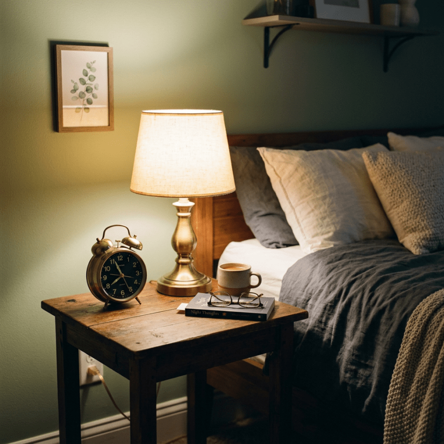 Bedside table with lit lamp, vintage alarm clock, book, glasses, and coffee cup next to bed
