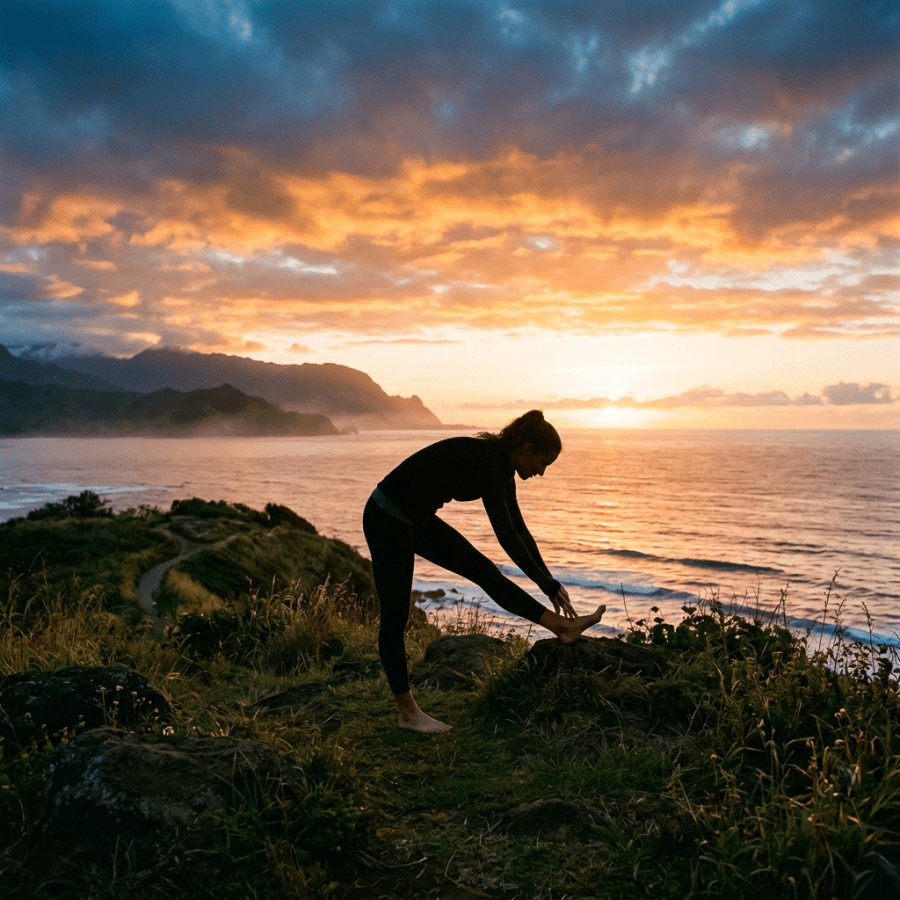Person stretching leg on rock near ocean at sunset